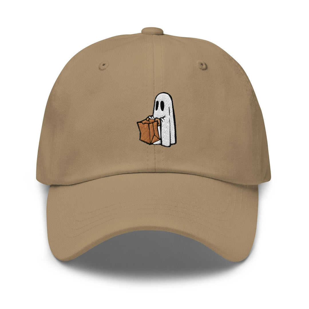 a brown hat with a ghost holding a box