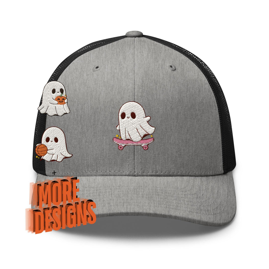 a gray hat with ghost on it