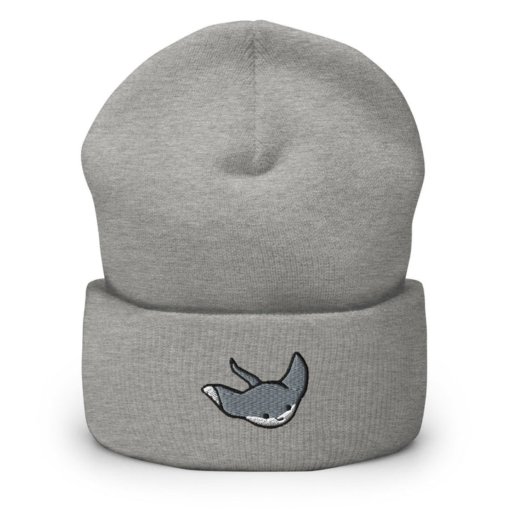 a grey beanie with a whale embroidered on it