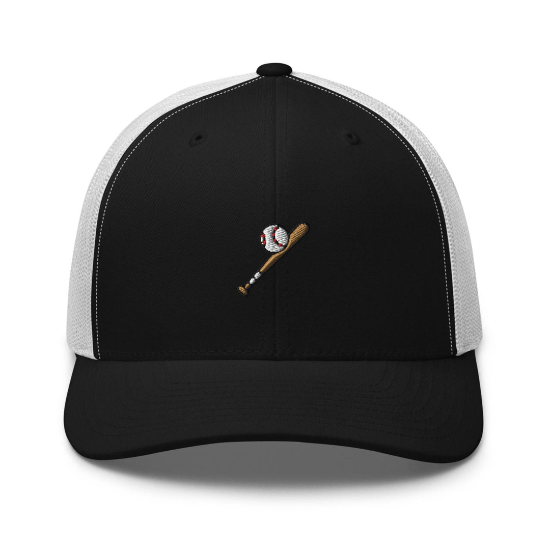 a baseball hat with a baseball and a bat on it