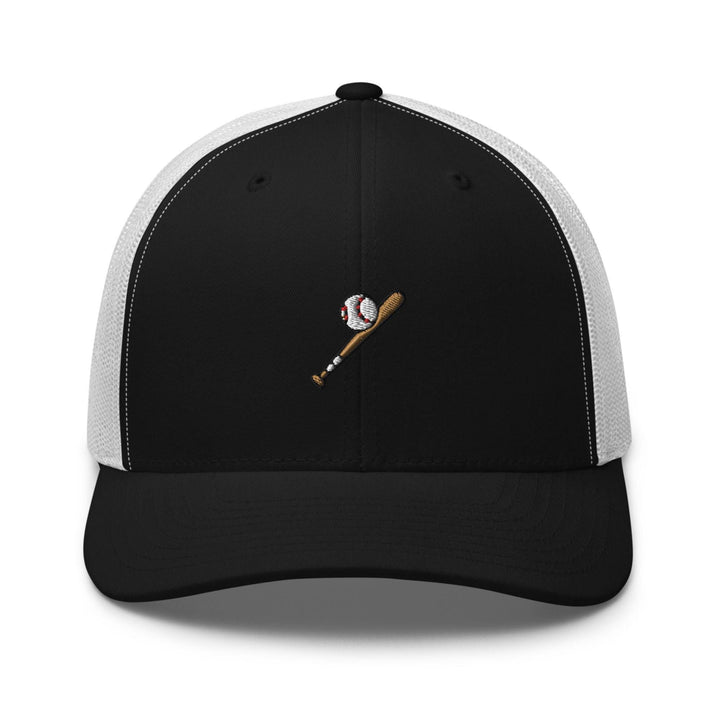 a baseball hat with a baseball and a bat on it