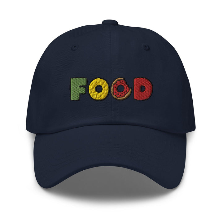 a blue hat with the word food printed on it