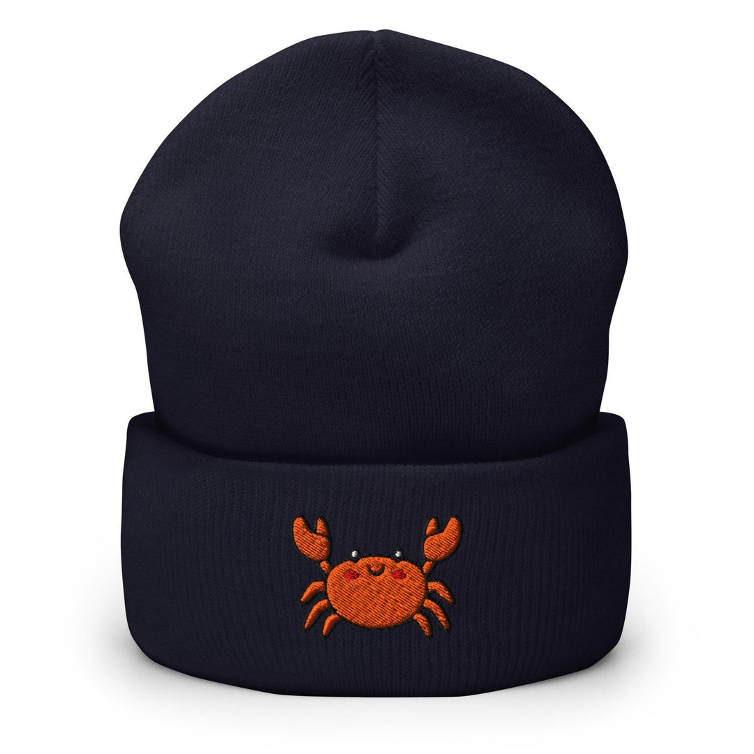 a blue hat with a crab embroidered on it