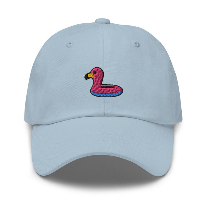 a light blue hat with a pink duck on it