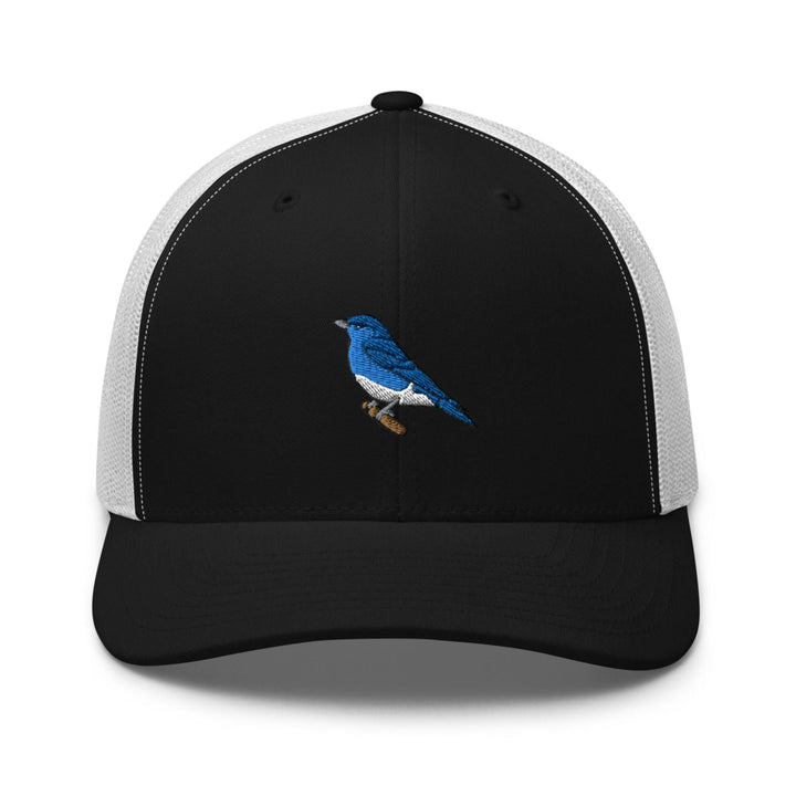 a black and white hat with a blue bird on it