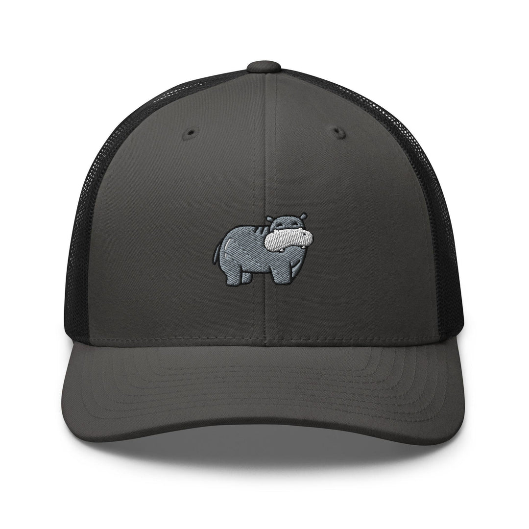a gray and black trucker hat with a hippo on it