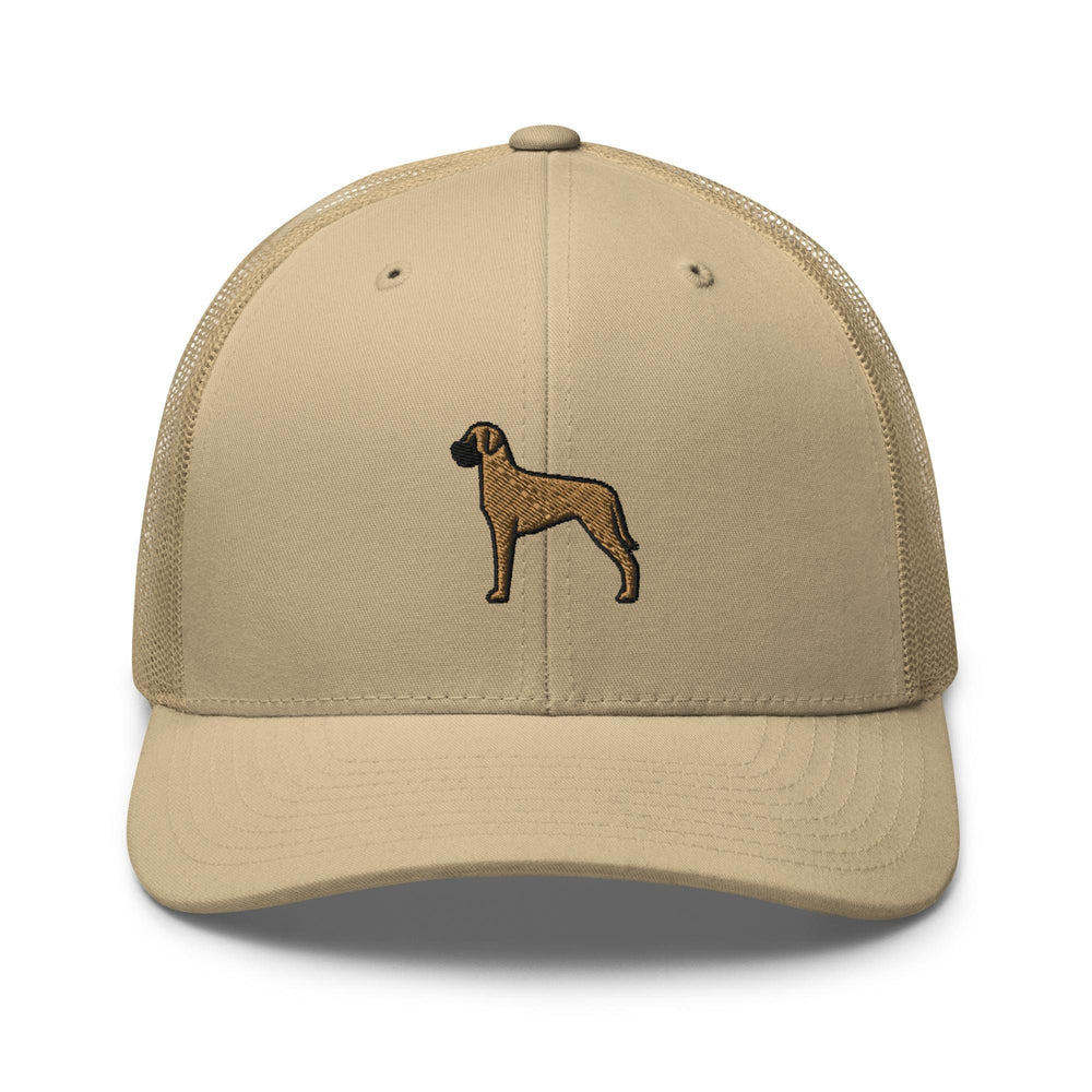 a tan hat with a brown dog embroidered on it