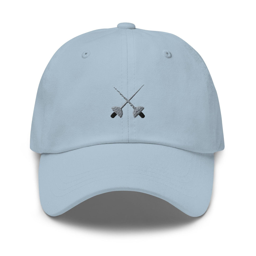 a light blue hat with two crossed swords on it