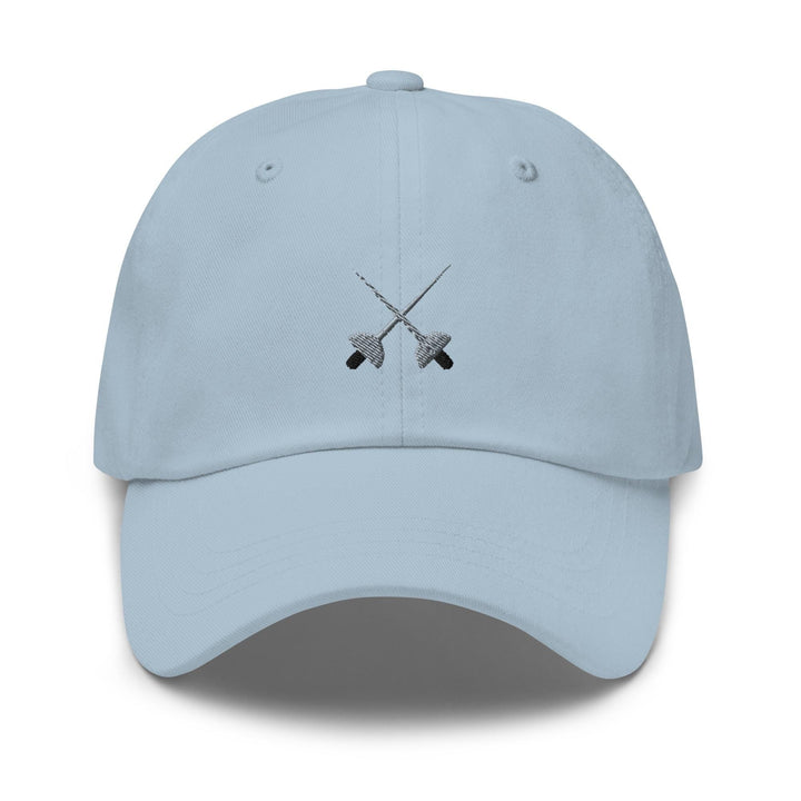 a light blue hat with two crossed swords on it