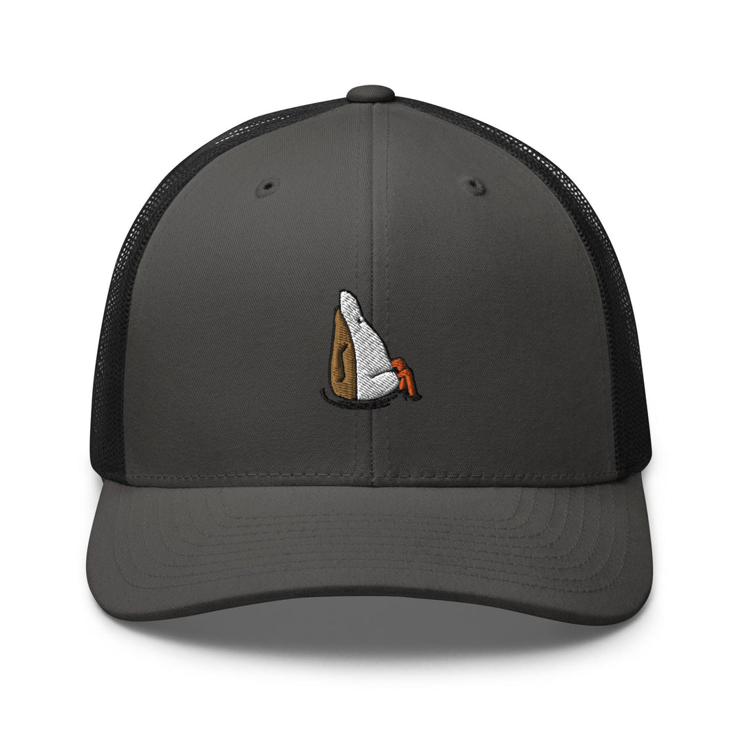 a gray and black trucker hat with a picture of a hot dog on it