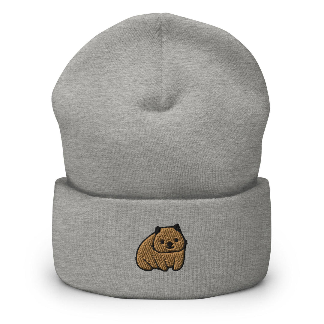 a grey beanie with a brown bear embroidered on it