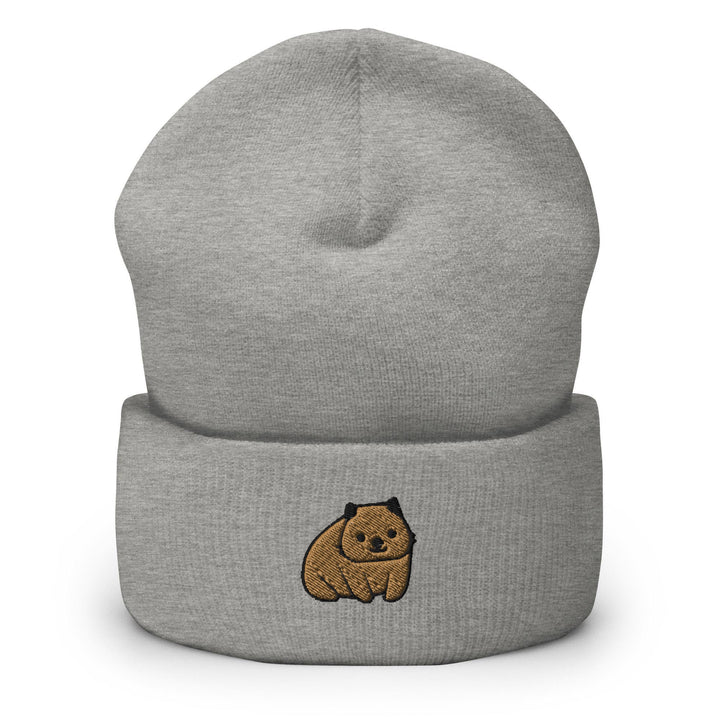 a grey beanie with a brown bear embroidered on it