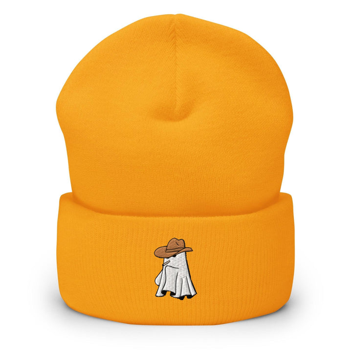 a yellow hat with a picture of a person wearing a hat