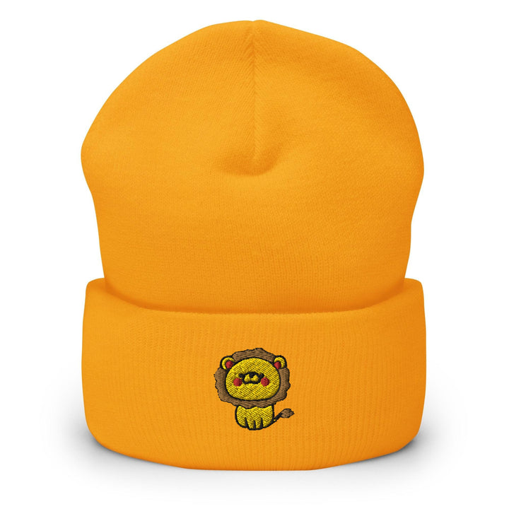 a yellow beanie hat with a lion embroidered on the front