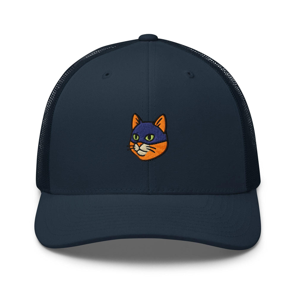 a blue trucker hat with a cartoon cat on it