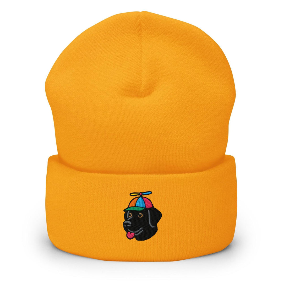 a yellow beanie with a black dog wearing a colorful hat