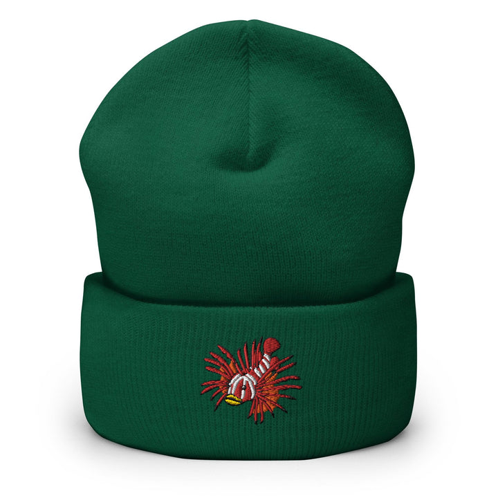 a green beanie with a red and white baseball on it