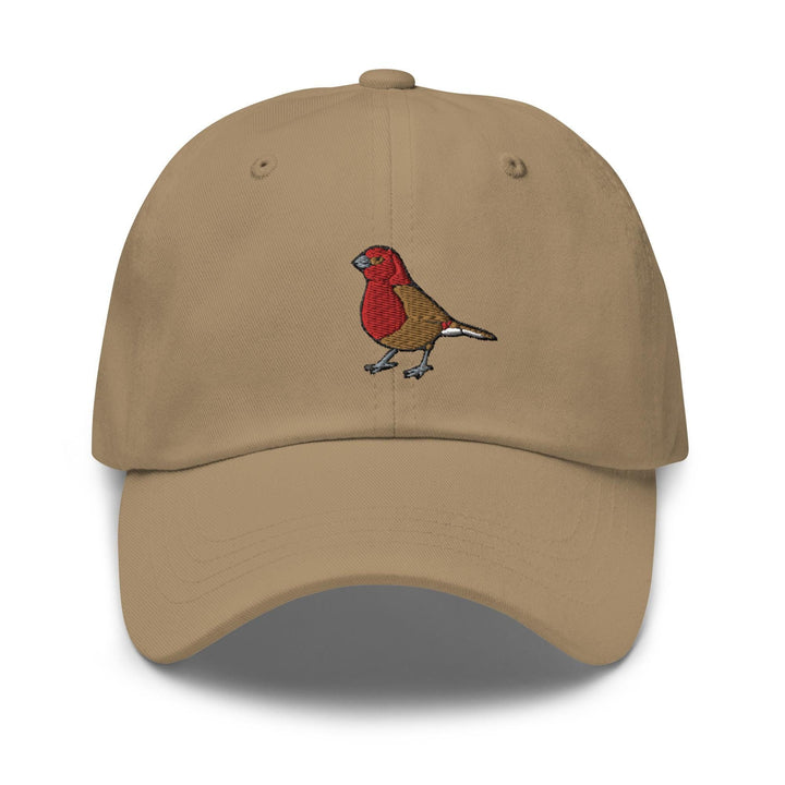 a tan hat with a red bird embroidered on it