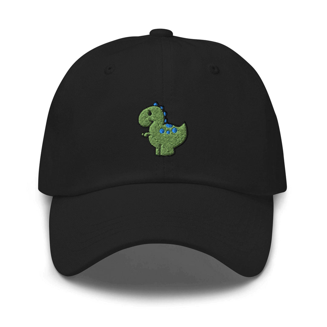 a black hat with a green dinosaur embroidered on it
