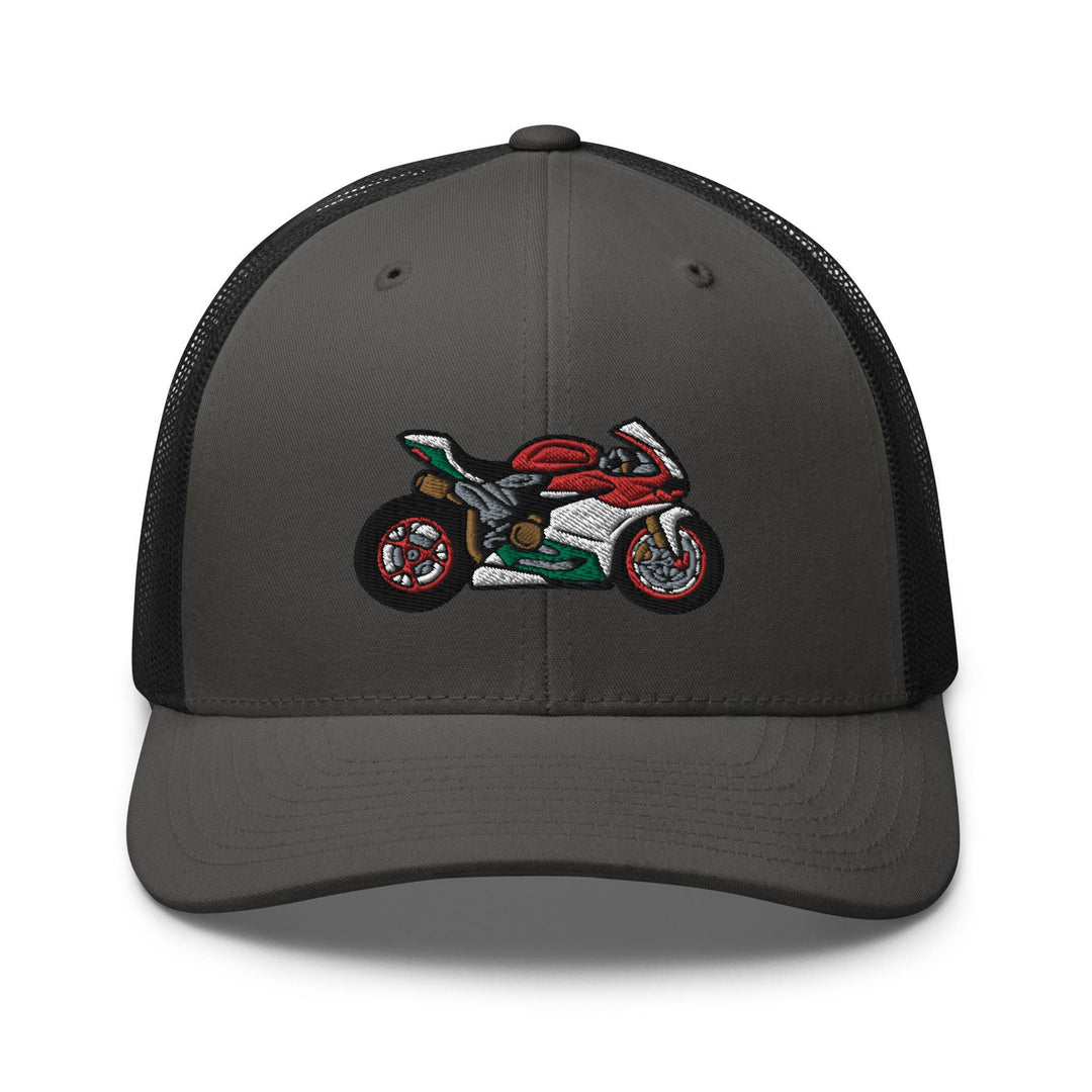 a gray and black trucker hat with a picture of a motorcycle