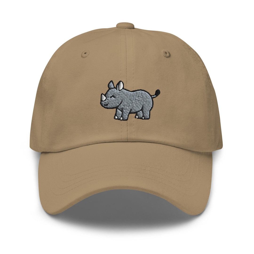 a tan hat with a rhino embroidered on it