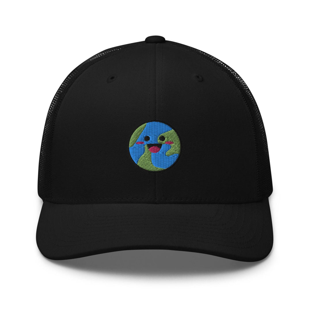 a black trucker hat with a picture of the earth on it