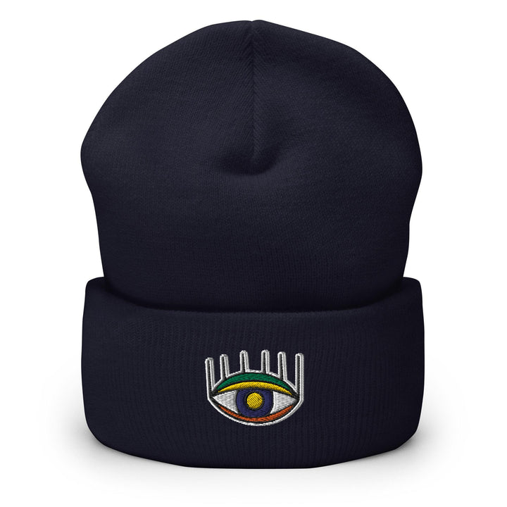a beanie hat with a colorful eye on it