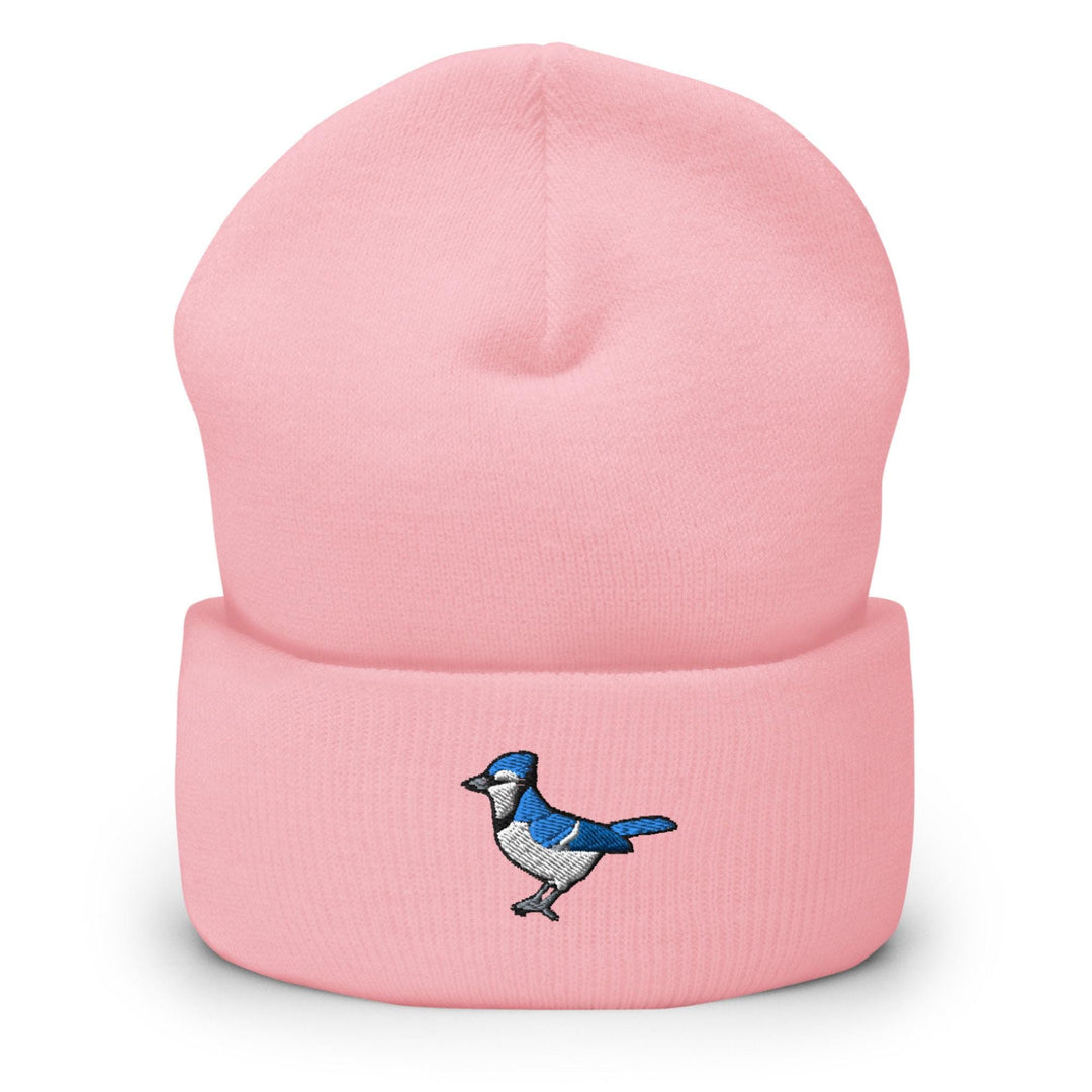 a pink beanie with a blue bird on it