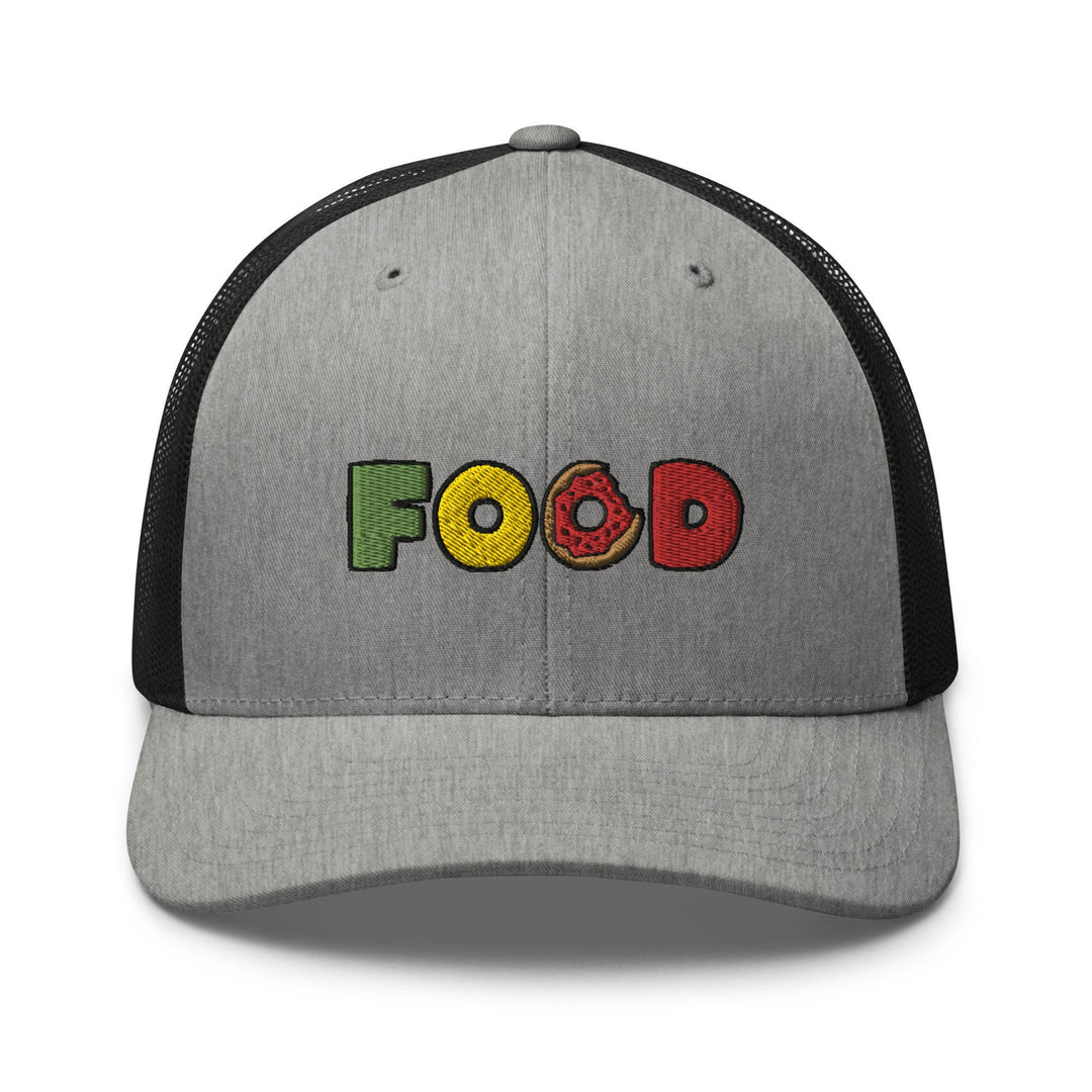 a gray and black trucker hat with the word food printed on it