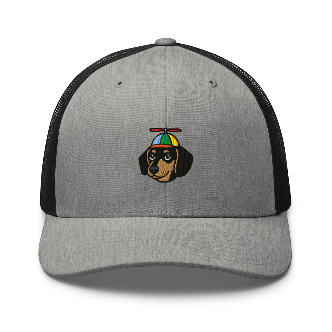 a gray and black hat with a dachshund on it
