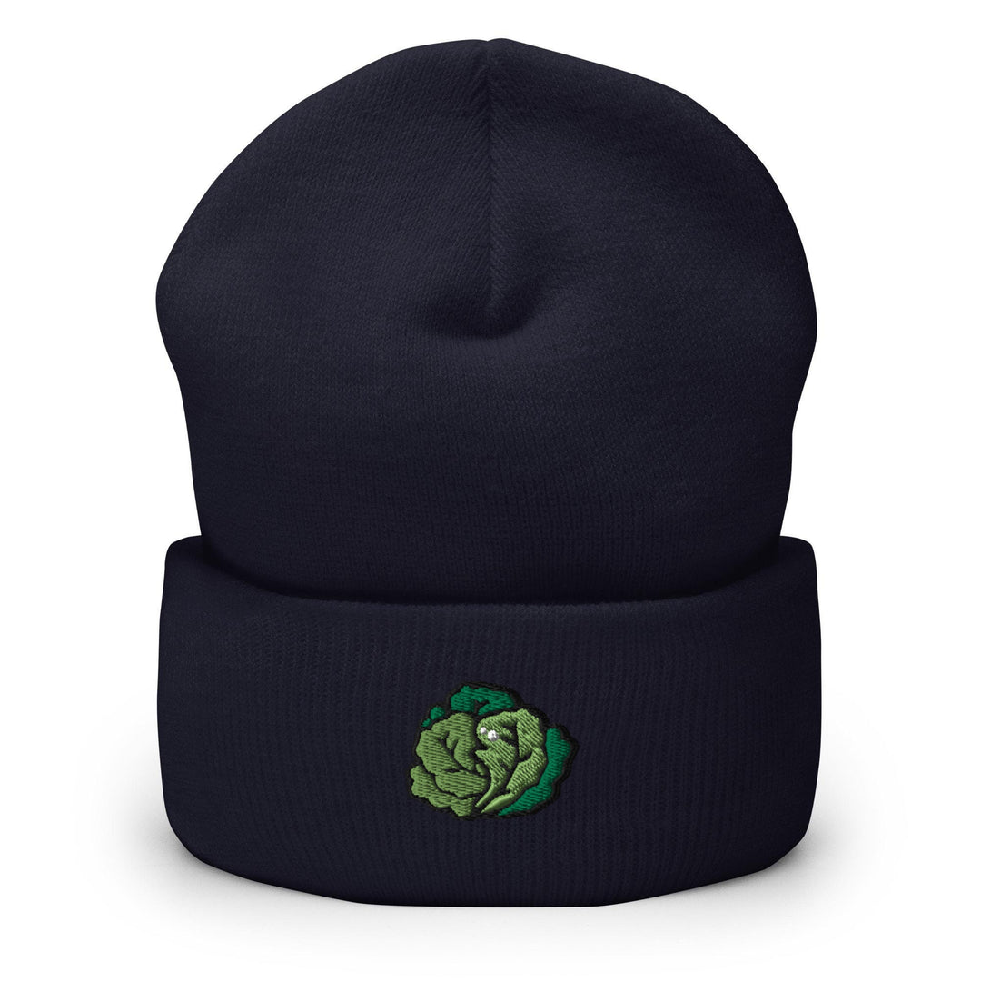 a blue beanie with a green cabbage on it