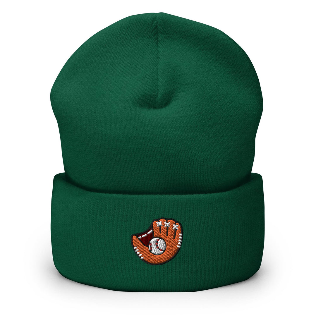 a green beanie with a baseball glove on it