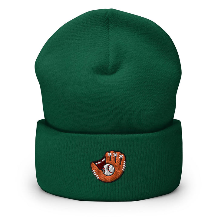 a green beanie with a baseball glove on it