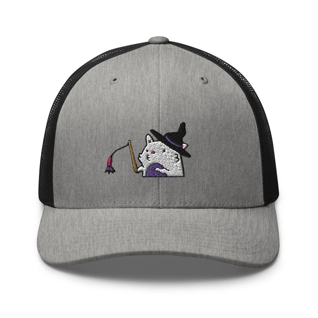 a gray and black trucker hat with a cat wearing a witches hat