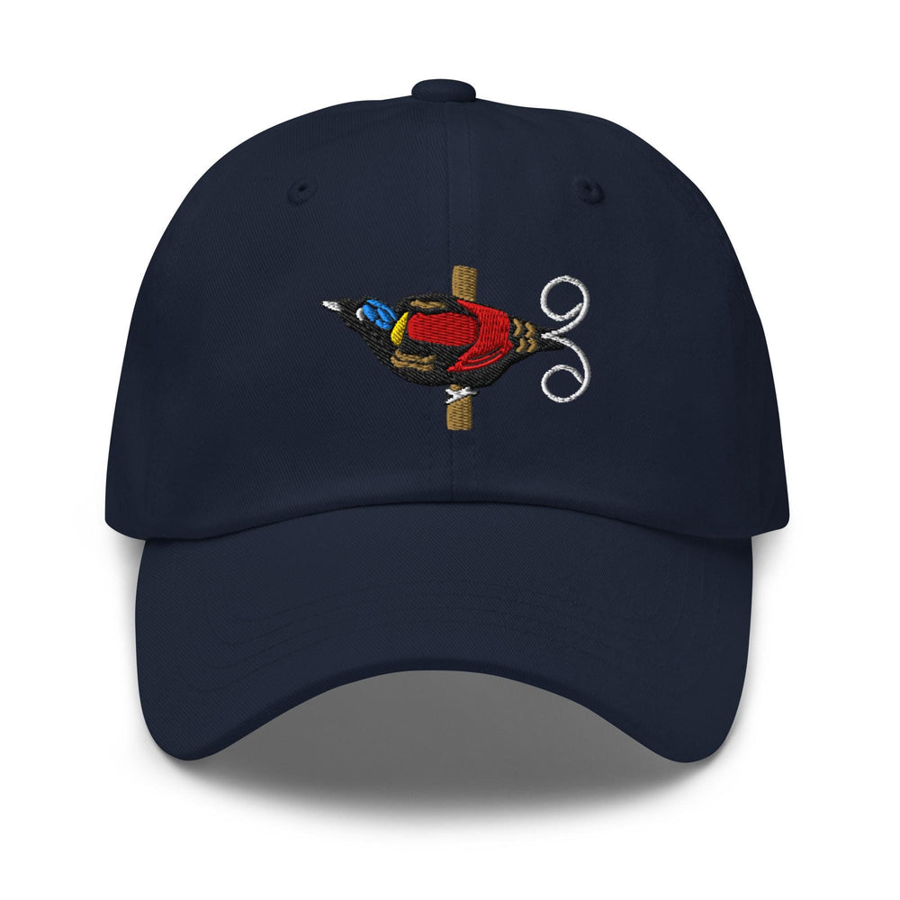 a blue hat with a picture of a bird on it