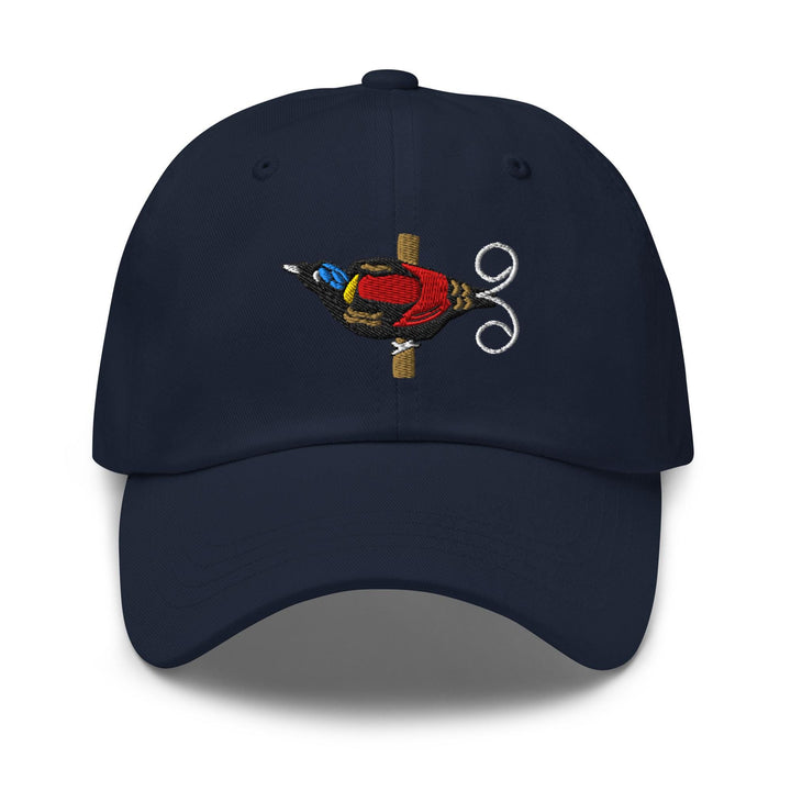 a blue hat with a picture of a bird on it