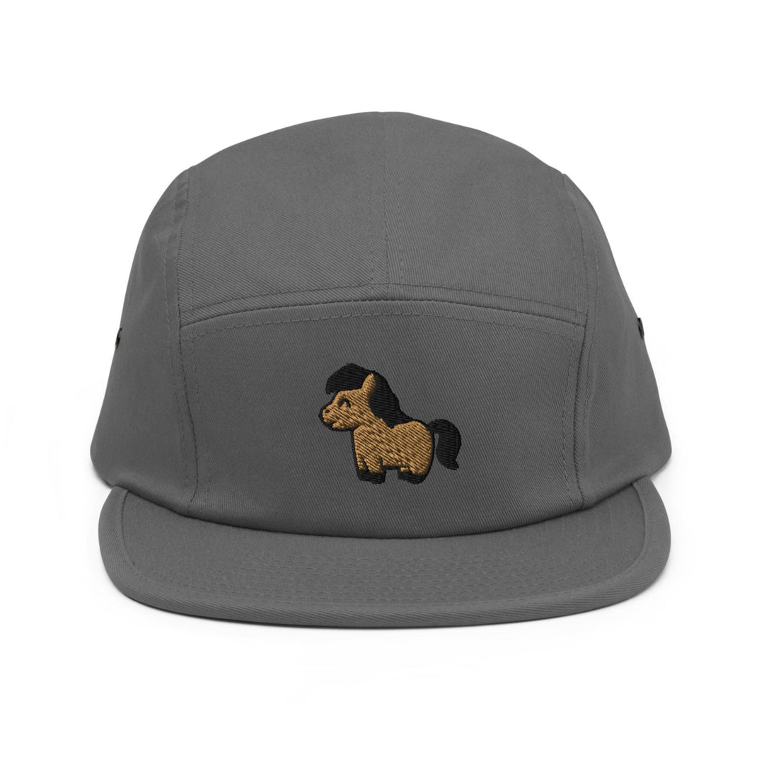 a gray hat with a horse embroidered on it