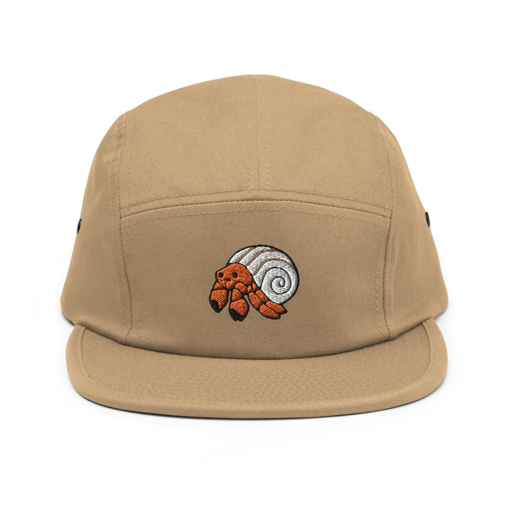 a brown hat with a snail embroidered on it