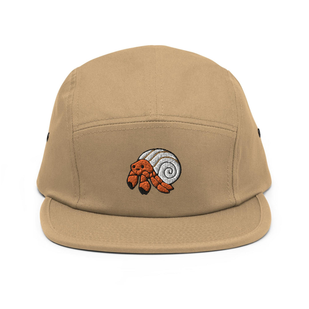 a brown hat with a snail embroidered on it