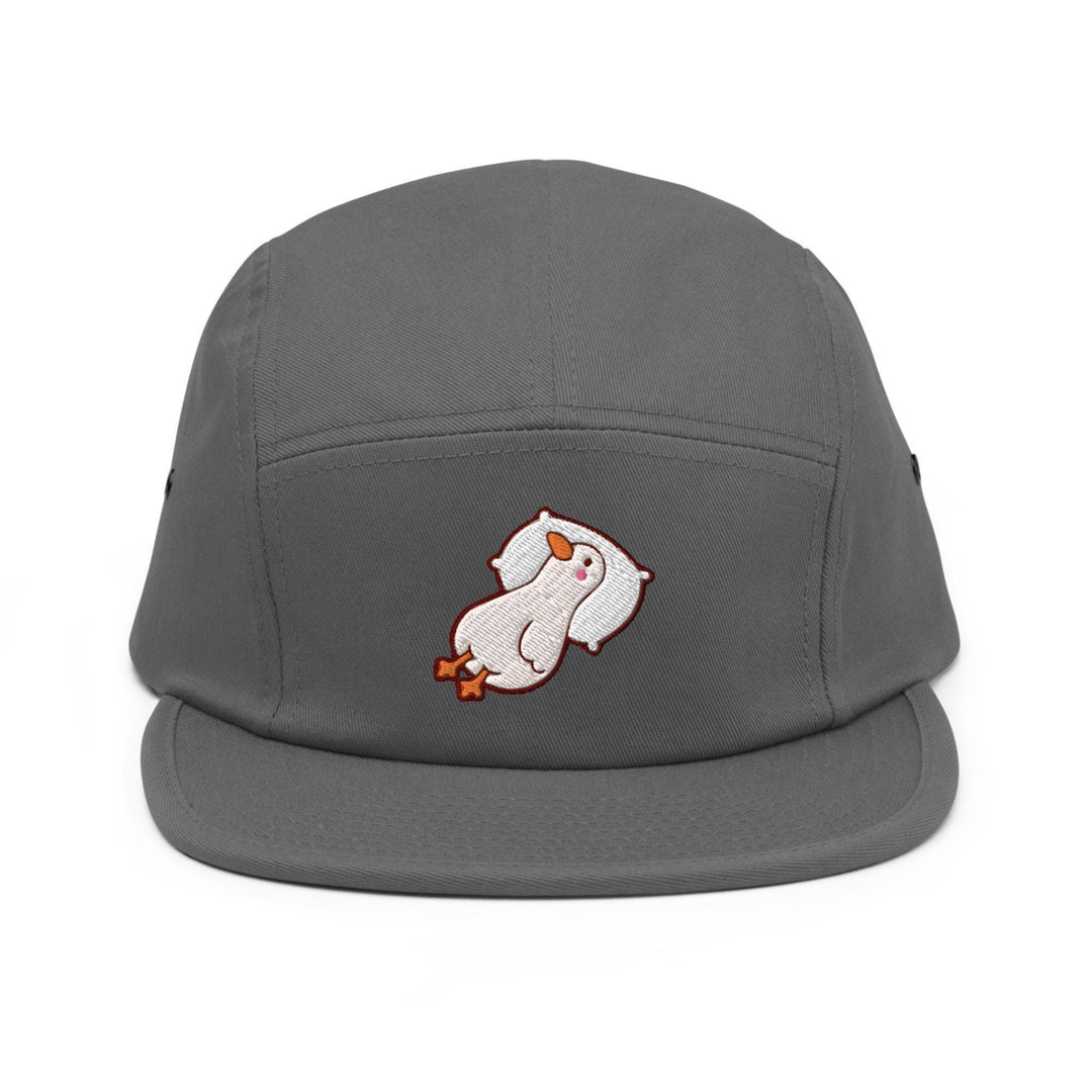a grey hat with a bear embroidered on it