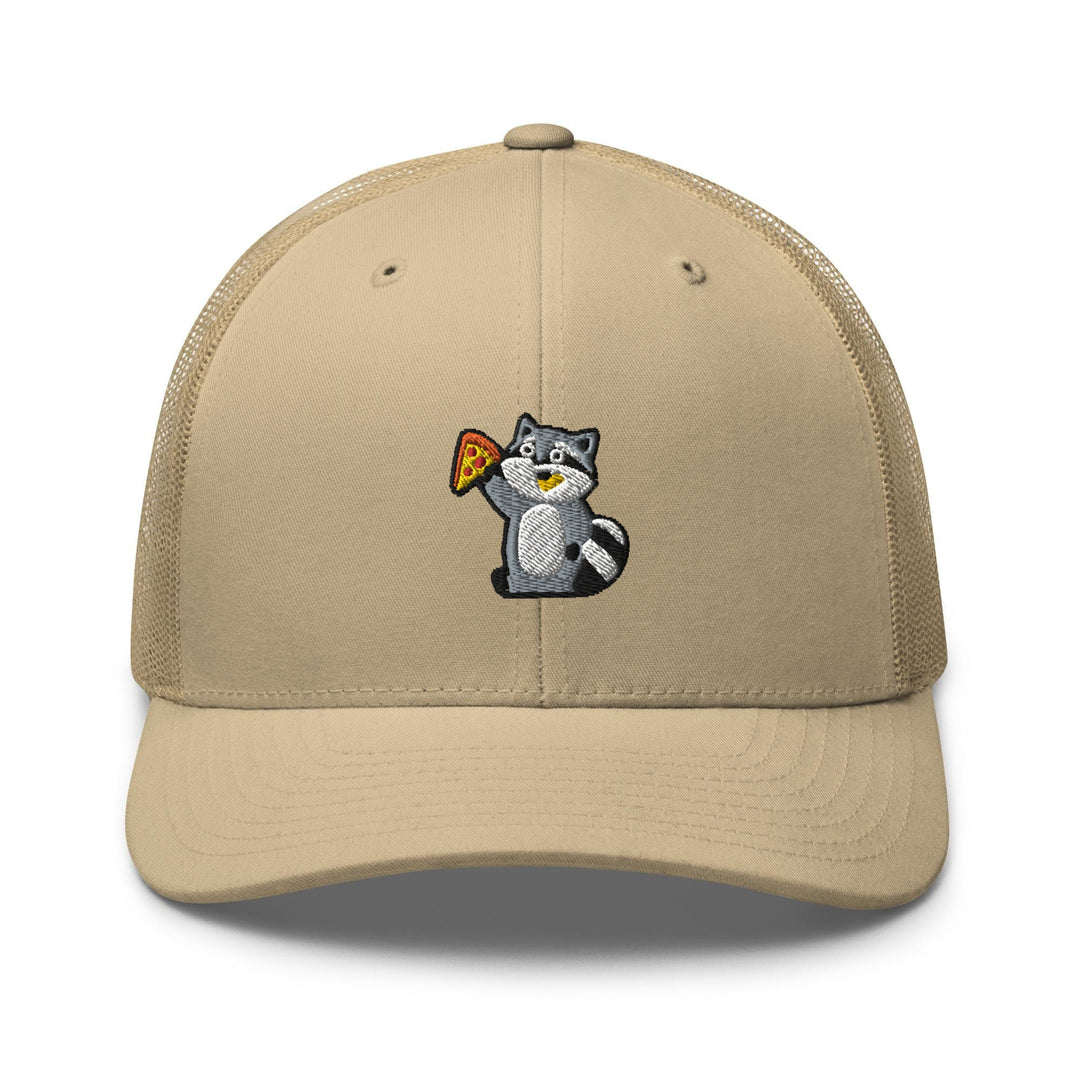 a baseball cap with a cartoon cat eating a pizza slice
