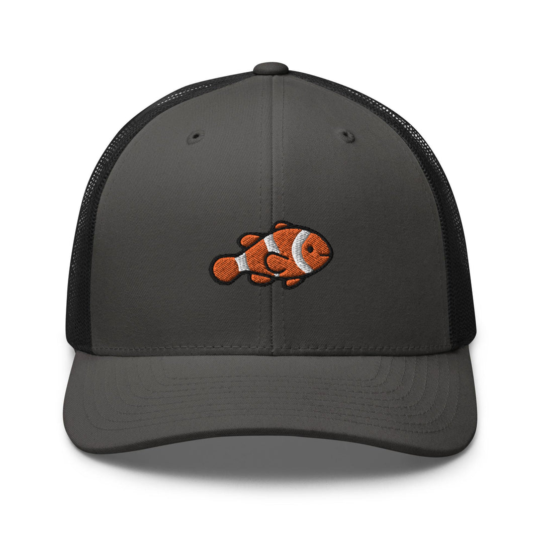 a gray and black trucker hat with an orange clown fish embroidered on the front
