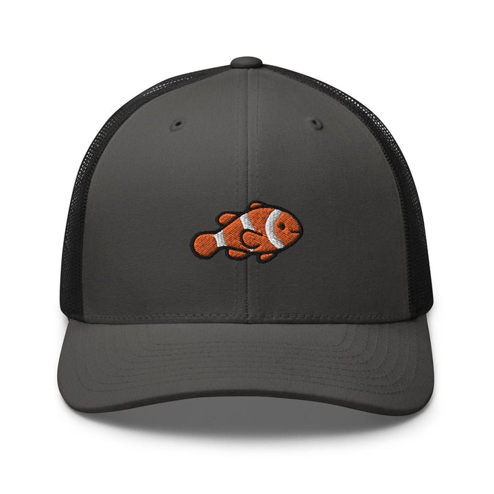 a gray and black trucker hat with an orange clown fish embroidered on the front