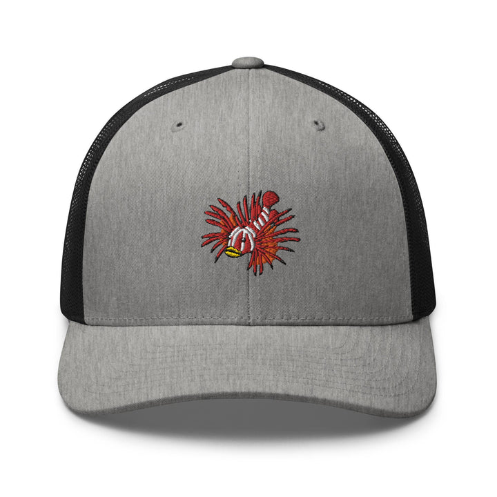 a gray and black trucker hat with a red bird on it