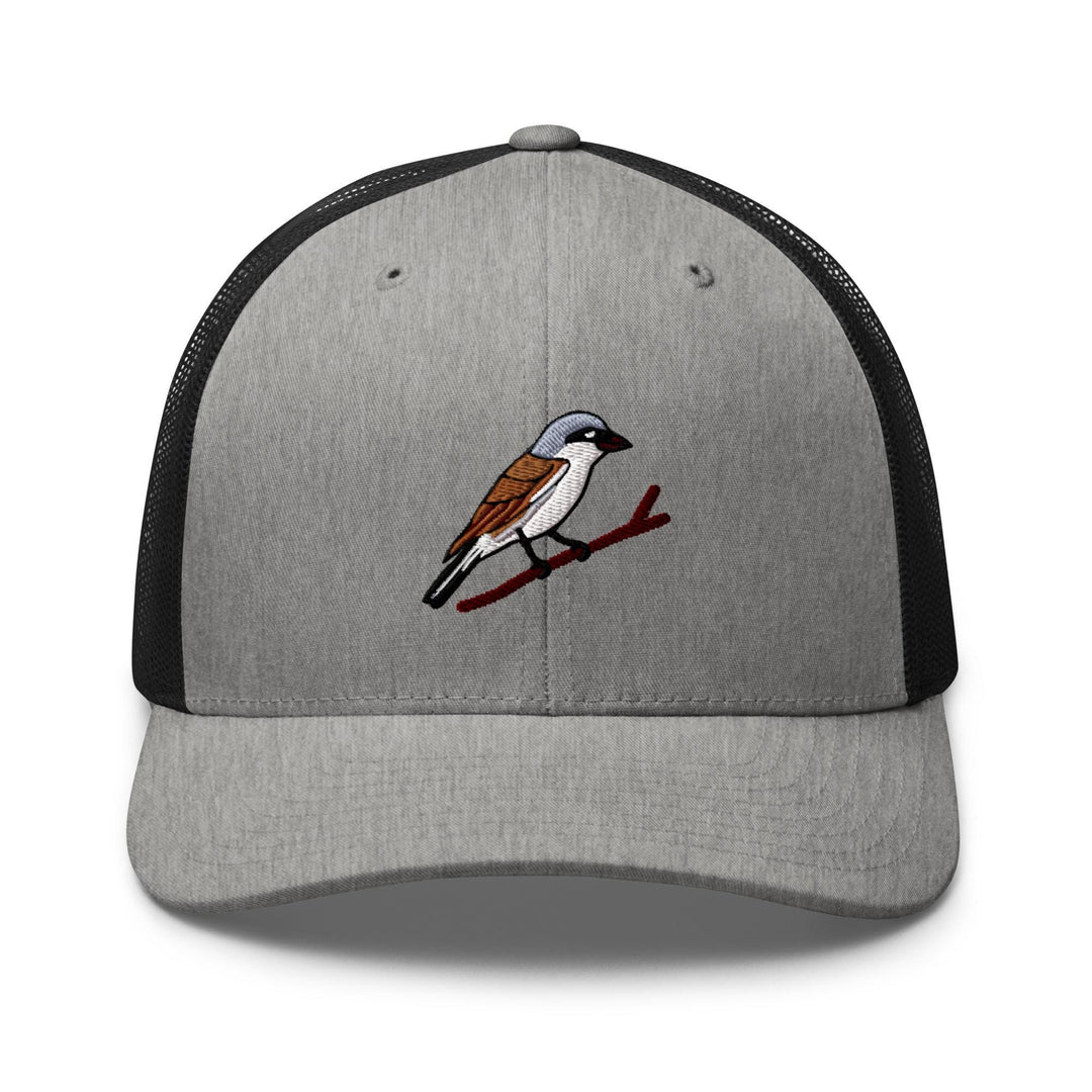 a gray and black hat with a bird on it