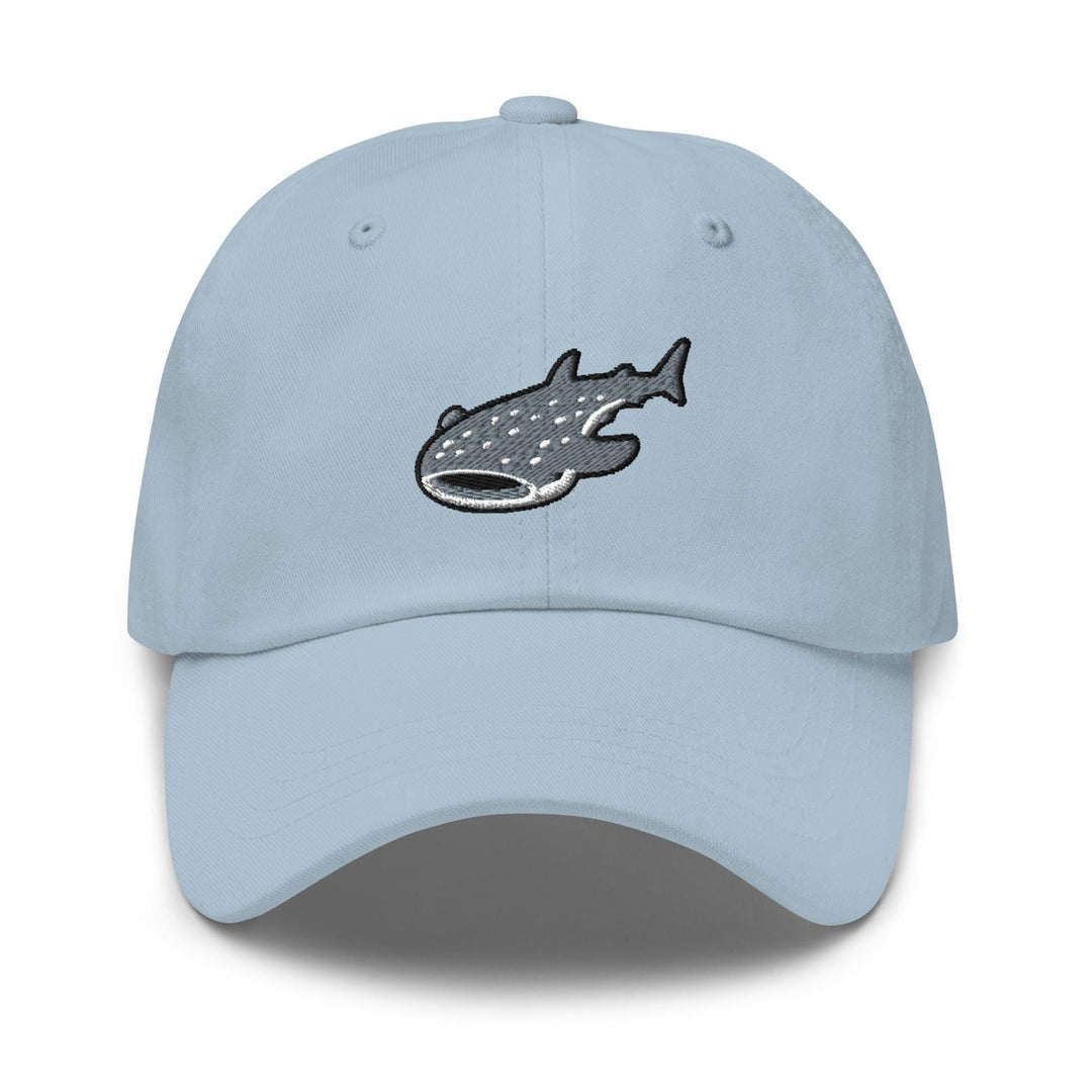 a light blue hat with a fish embroidered on it