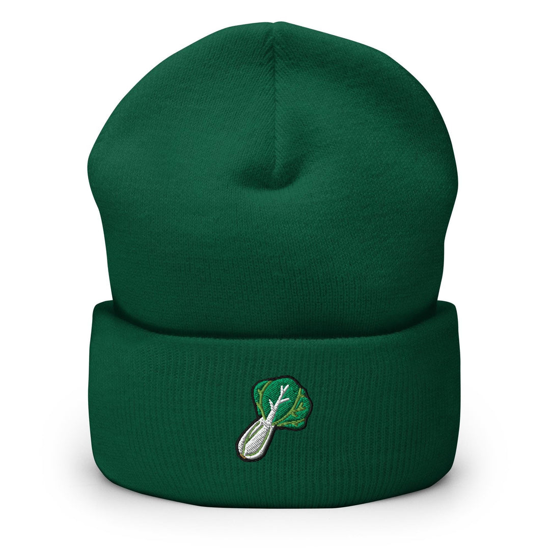a green beanie with a white spoon and leaf on it