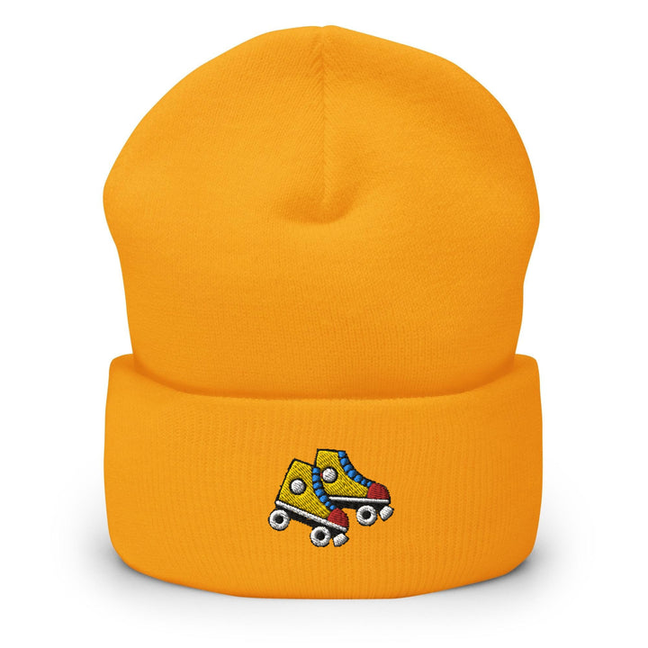 a yellow hat with a roller skate design on it