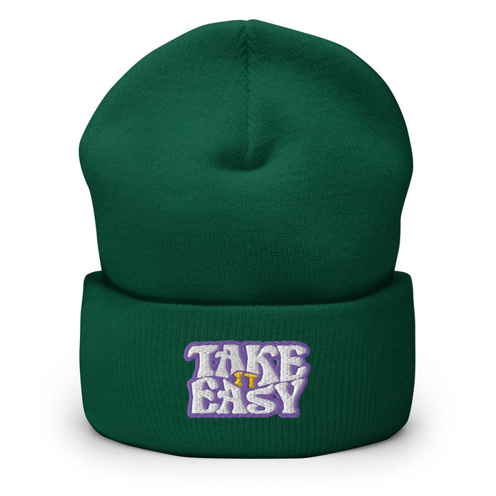 a green beanie with the words take easy on it