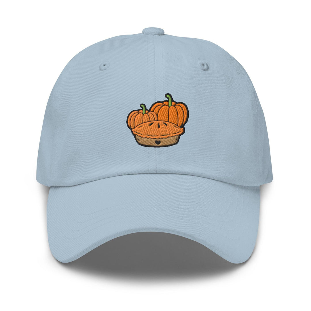a light blue hat with a pumpkin in a basket embroidered on the front